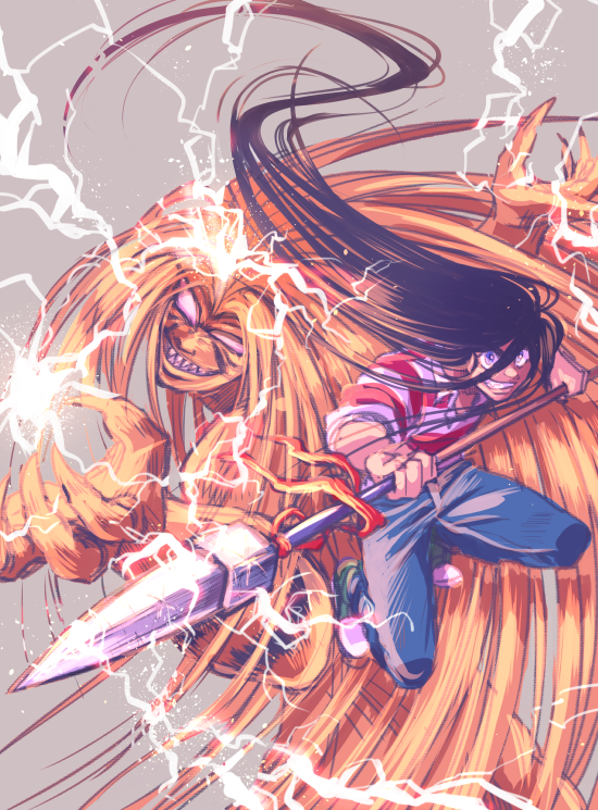 2boys abs absurdly_long_hair aotsuki_ushio beast_spear black_hair denim electricity fighting_stance full_body grin holding holding_polearm holding_weapon jeans jumping kubo_cure long_hair looking_at_viewer male_focus monster_boy multiple_boys muscular navel orange_hair pants polearm sharp_teeth side-by-side sleeves_rolled_up smile teeth tora_(ushio_to_tora) ushio_to_tora very_long_hair weapon