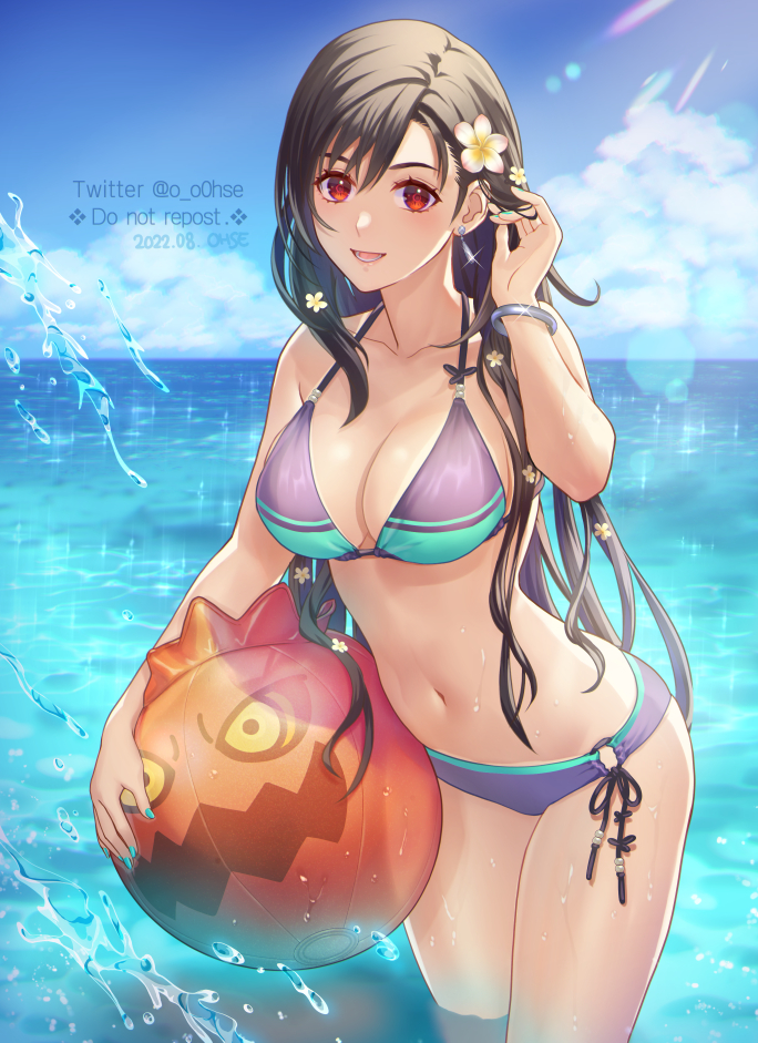 1girl ball bare_shoulders bikini black_hair blue_sky bomb_(final_fantasy) bracelet breasts cleavage cloud cloudy_sky cowboy_shot earrings final_fantasy final_fantasy_vii final_fantasy_vii_remake flower hair_flower hair_ornament hand_up holding holding_ball horizon jewelry large_breasts long_hair looking_at_viewer midriff nail_polish navel ocean ohse open_mouth red_eyes sky solo stomach swimsuit tan tanlines tifa_lockhart water