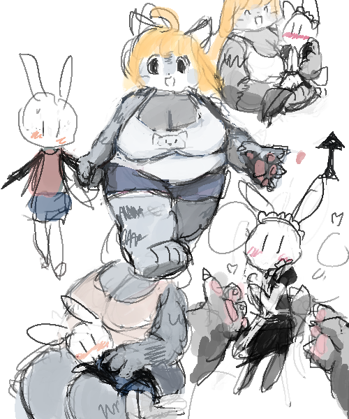 anthro big_breasts blonde_hair breasts bronzecatworld clothing duo female fur grey_body grey_fur hair lagomorph leporid maid_uniform male mammal rabbit uniform