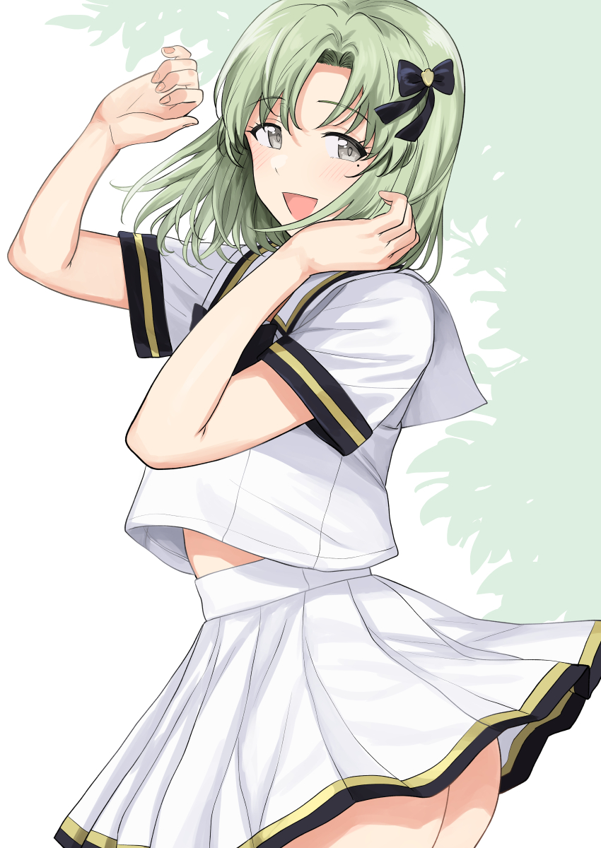 1girl ass blush green_hair highres idolmaster idolmaster_(classic) idolmaster_stella_stage looking_at_viewer midriff_peek mole mole_under_eye pleated_skirt school_uniform serafuku shiika_(idolmaster) shirt short_sleeves silhouette simple_background skirt smile solo tsurui white_serafuku white_shirt