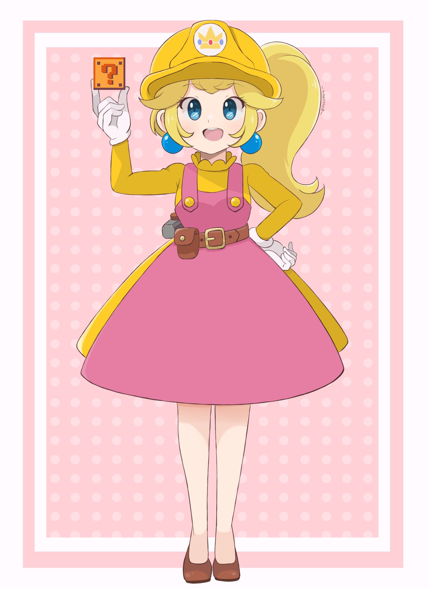 1girl bangs blonde_hair blush chocomiru dress earrings full_body hair_between_eyes helmet highres item_box_(mario) jewelry looking_at_viewer non-web_source polka_dot polka_dot_background princess_peach smile solo source_request super_mario_maker super_mario_maker_2