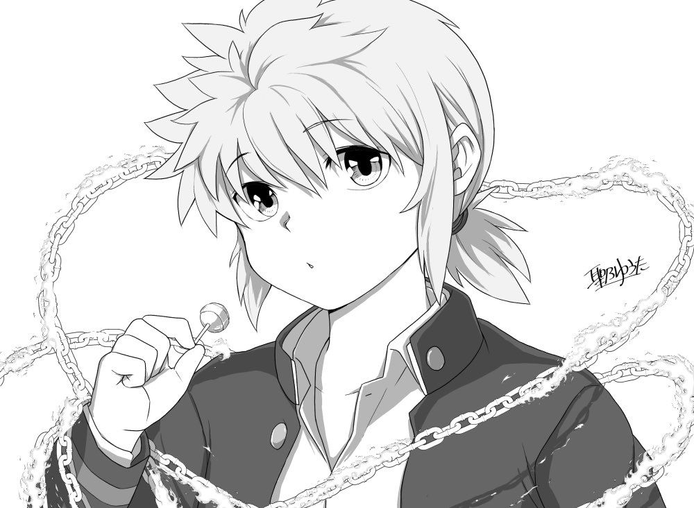 1other :o arc_(housamo) candy chain collared_shirt commentary_request fire food gakuran greyscale hijirino_yuuta holding holding_candy holding_food holding_lollipop lollipop long_sleeves looking_at_viewer monochrome open_clothes school_uniform shirt short_hair sidelocks signature simple_background solo tokyo_afterschool_summoners upper_body