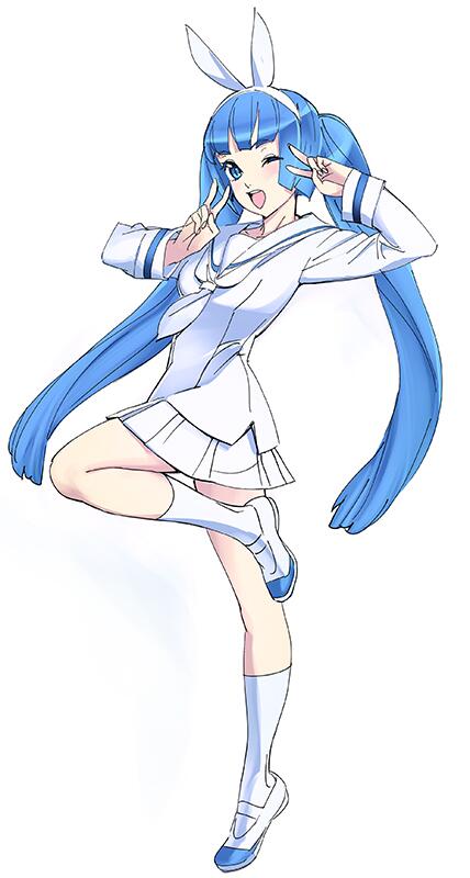 1girl blue_eyes blue_hair double_v eyebrows_hidden_by_hair full_body hairband long_hair miniskirt nipako nishieda one_eye_closed open_mouth pleated_skirt sailor_collar sailor_shirt shirt skirt smile solo standing standing_on_one_leg twintails ultimate_nipper v very_long_hair white_hairband