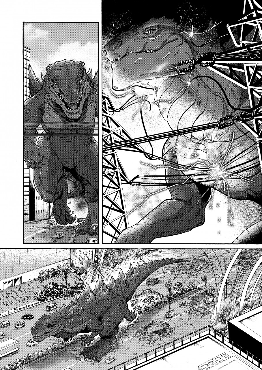 2022 3_toes ambiguous_gender barefoot comic crowd featureless_crotch feet footprint godzilla_(series) greyscale group hi_res high-angle_view highway macro monochrome power_lines solo_focus stomping tatugon toes toho vehicle_destruction zilla