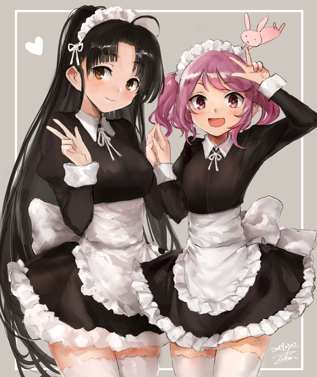 2girls :d ahoge alternate_costume apron black_dress black_hair blush brown_eyes bunny closed_mouth cowboy_shot dated dress enmaided eyebrows_visible_through_hair frilled_skirt frills grey_background hands_together heart highres kantai_collection long_hair long_sleeves maid maid_apron maid_dress maid_headdress multiple_girls neck_ribbon open_mouth pink_eyes pink_hair ribbon sazanami_(kantai_collection) short_hair shouhou_(kantai_collection) signature skirt smile thighhighs toka_(marchlizard) twintails very_long_hair w white_legwear white_ribbon