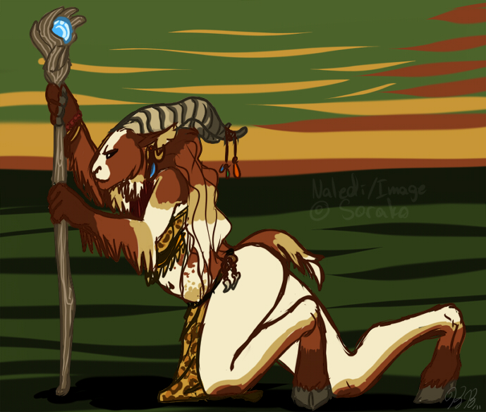 2011 4_fingers abstract_background animal_print anthro belly biped blaze_(marking) boer_goat bovid breasts brown_background brown_fur brown_hair brown_tail butt caprine clothed clothing cloven_hooves crop_top digital_drawing_(artwork) digital_media_(artwork) domestic_goat ear_piercing ear_ring ears_back facial_markings female frown full-length_portrait fur gem goat green_background grey_hooves grey_horn hair holding_object hooves horn jewelry kneeling leopard_print loincloth long_hair looking_aside looking_away magic_user mammal markings midriff multicolored_fur naledi_(sorako) notched_ear orange_background piercing pinup portrait pose ridged_horn shaman shirt short_tail side_view simple_background slightly_chubby snout solo sorako staff tribal tribal_spellcaster two_tone_fur two_tone_tail white_fur white_markings white_tail