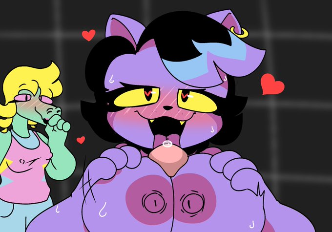 alligator alligatorid anthro big_breasts blonde_hair bratty_(undertale) breast_play breasts catty_(undertale) crocodilian domestic_cat duo felid feline felis female genitals green_body hair huge_breasts leftyfornsfw licking male male/female mammal oral penile penis penis_lick pink_eyes purple_body reptile scalie sex titfuck tongue tongue_out undertale_(series) yellow_eyes