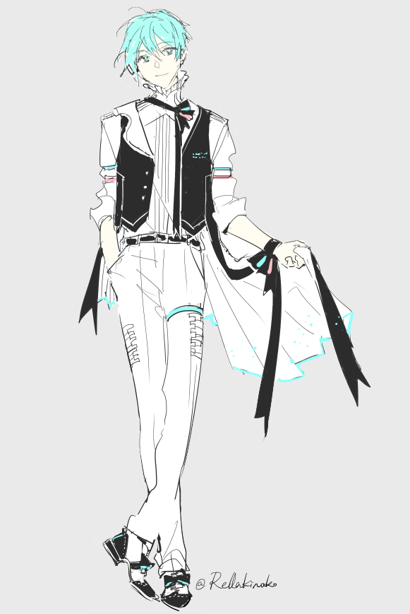 1boy adapted_costume artist_name belt blue_eyes blue_hair closed_mouth commentary_request crossed_ankles dress_shoes formal full_body genderswap genderswap_(ftm) grey_background hair_between_eyes hand_in_pocket hatsune_mikuo head_tilt lapels light_smile limited_palette looking_at_viewer male_focus miku_symphony_(vocaloid) pants rella shirt short_hair signature simple_background sketch sleeves_rolled_up solo standing suit vocaloid waistcoat white_pants white_shirt