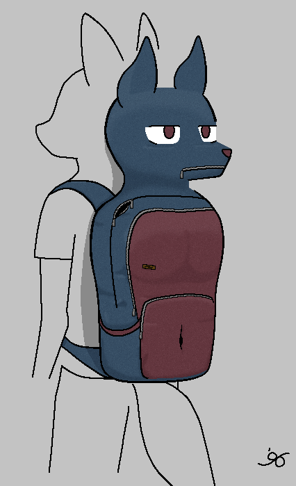 after_transformation ambiguous_species amputee animate_inanimate annoyed anthro backpack blue_body canid canine canis carrying_another countershading daleport996 digital_media_(artwork) disability faceless_character grey_background inanimate_transformation limbless male mammal navel quadruple_amputee red_body red_countershading signature simple_background solo_focus transformation wolf zipper zipper_mouth