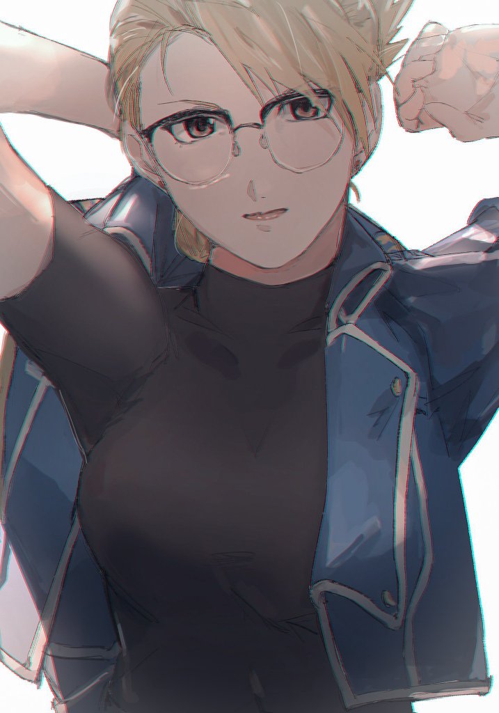 1girl arm_behind_head biiko_(king1015g) black_shirt blonde_hair blue_jacket breasts brown_eyes cowboy_shot folded_ponytail fullmetal_alchemist glasses jacket large_breasts looking_at_viewer riza_hawkeye semi-rimless_eyewear shirt short_sleeves smile solo white_background