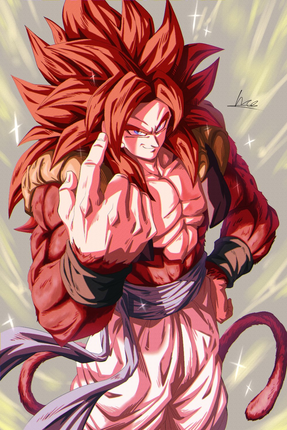 1boy blue_eyes body_fur come_at_me_bro dougi dragon_ball dragon_ball_gt gogeta highres male_focus metamoran_vest monkey_boy monkey_tail muscular red_fur red_hair sekitsuki_hayato spiked_hair super_saiyan super_saiyan_4 tail