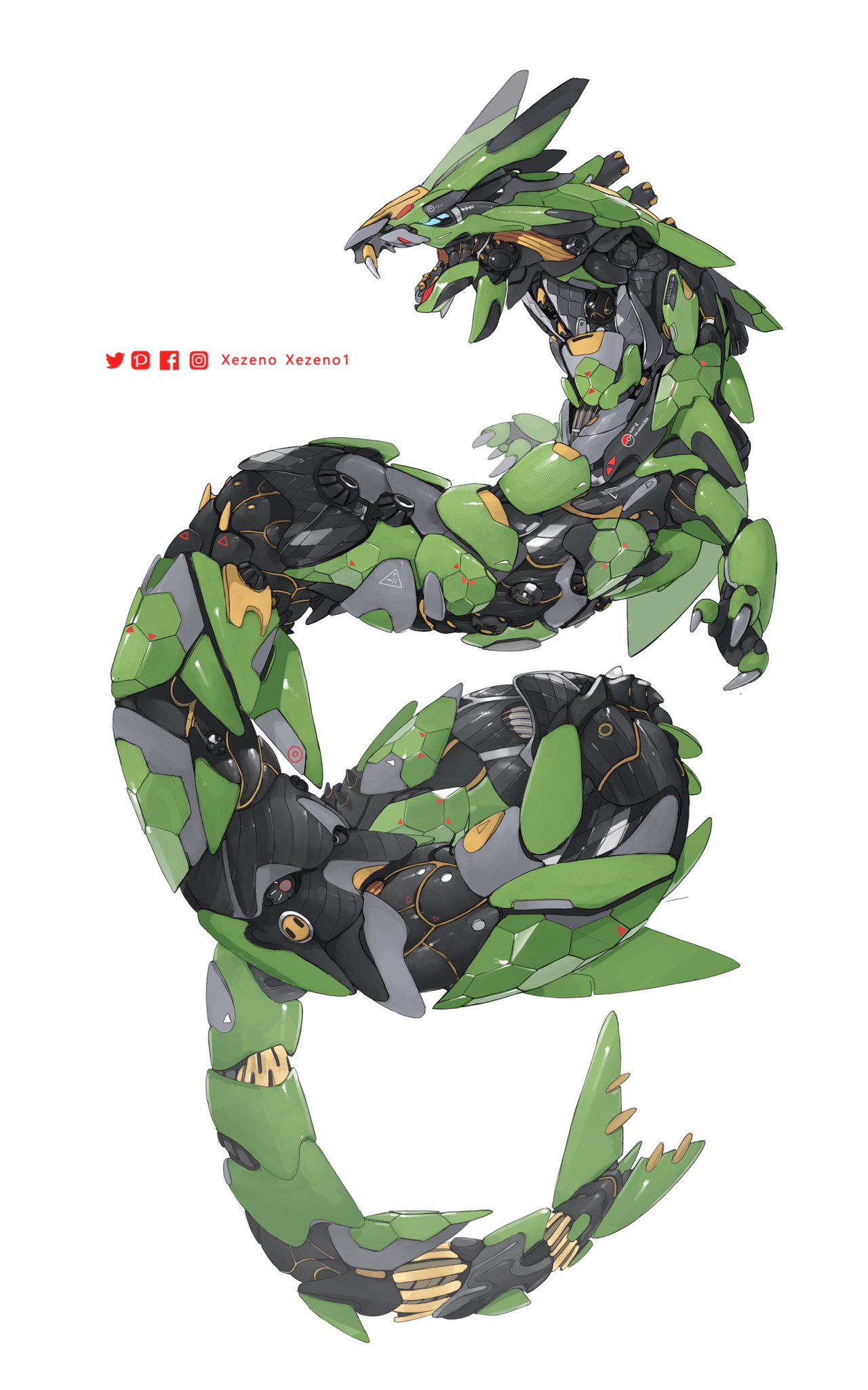 artist_name blue_eyes claws commentary english_commentary facebook_logo fangs floating from_side full_body highres instagram_logo mechanization no_humans open_mouth pixiv_logo pokemon pokemon_(creature) profile rayquaza robot simple_background solo tail twitter_logo white_background wire xezeno
