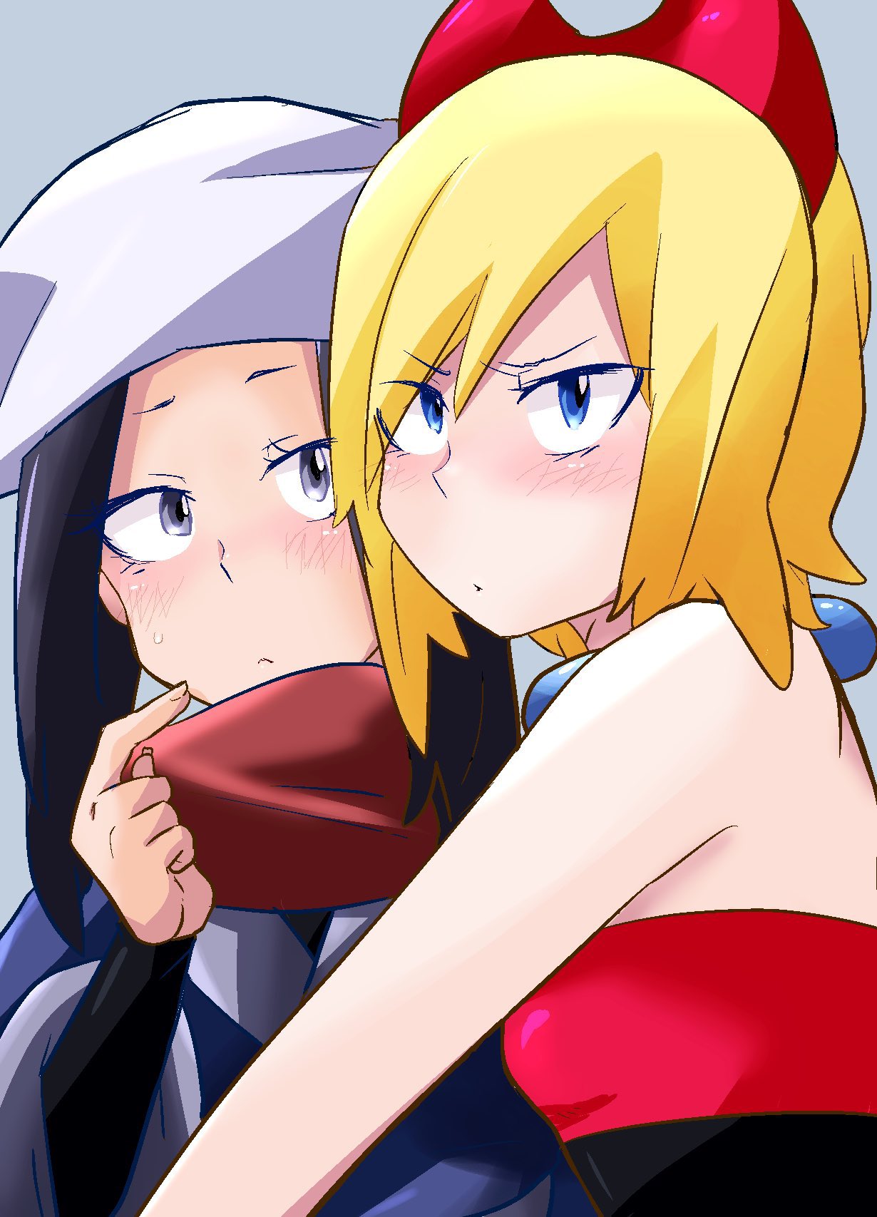 2girls akari_(pokemon) black_hair blonde_hair blue_eyes closed_mouth commentary_request grey_background grey_eyes head_scarf highres irida_(pokemon) jewelry long_hair looking_at_another looking_at_viewer medium_hair multiple_girls neck_ring pokemon pokemon_(game) pokemon_legends:_arceus red_scarf red_shirt rui_(hershe) scarf scratching_cheek shirt sweat upper_body v-shaped_eyebrows white_headwear yuri