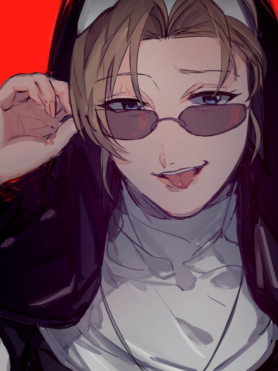 1girl :p adjusting_eyewear biiko_(king1015g) black_lagoon blonde_hair blue_eyes eda_(black_lagoon) glasses habit highres jewelry looking_at_viewer necklace nun red_background red_lips solo sunglasses teeth tongue tongue_out upper_body upper_teeth