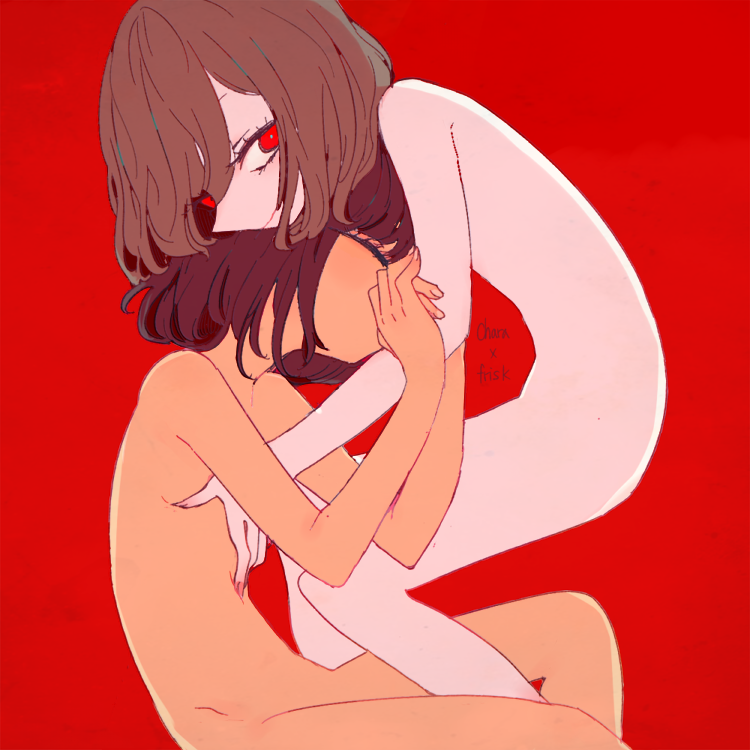 2girls bangs brown_hair chara_(undertale) closed_eyes colored_skin frisk_(undertale) hand_on_another's_chest head_tilt holding_another's_arm looking_to_the_side multiple_girls nude red_background red_eyes short_hair simple_background sitting smile soseji_(tjduswjd) undertale white_skin