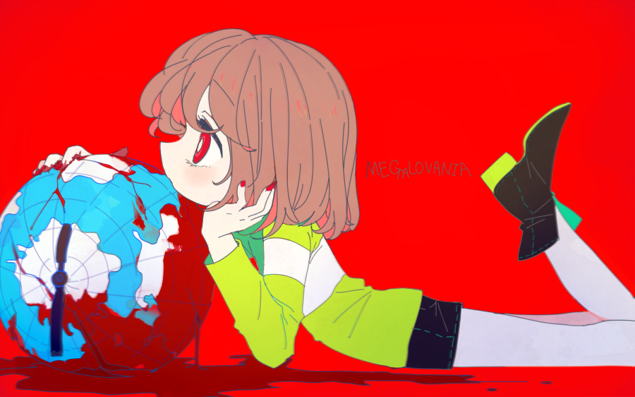 1girl bangs black_footwear black_shorts blood boots brown_hair chara_(undertale) earth_(planet) from_side green_shirt holding long_sleeves looking_up lying planet red_background red_eyes shirt short_hair shorts simple_background soseji_(tjduswjd) striped striped_shirt undertale