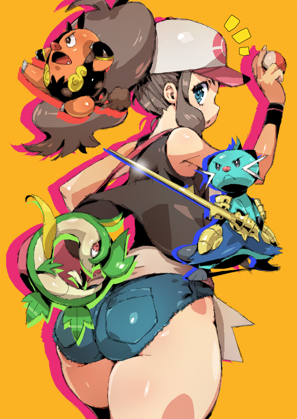 1girl ass brown_hair denim denim_shorts dewott highres hilda_(pokemon) looking_back pignite poke_ball pokemon pokemon_(game) puchidori servine short_shorts shorts simple_background sketch solo thick_thighs thighs