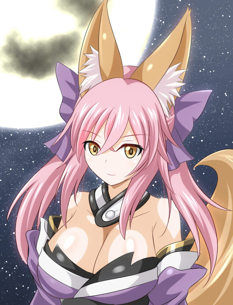 1girl animal_ear_fluff animal_ears bar blue_bow blue_kimono blue_thighhighs bow breasts cleavage commentary_request detached_sleeves fate/extra fate/extra_ccc fate/grand_order fate_(series) fox_ears fox_girl fox_tail full_moon japanese_clothes kimono large_breasts looking_at_viewer moon nauchan4649 night night_sky outdoors pink_hair sky solo split_ponytail star_(sky) starry_sky tail tamamo_(fate) tamamo_no_mae_(fate/extra) thighhighs upper_body yellow_eyes