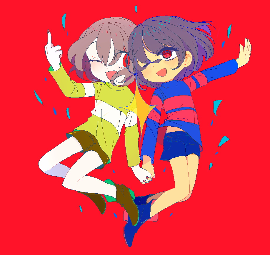 2girls bangs blue_footwear blue_shirt blue_shorts boots brown_footwear brown_hair brown_shorts chara_(undertale) checkpoint floating frisk_(undertale) green_shirt hand_up holding_hands long_sleeves looking_at_another middle_finger multiple_girls one_eye_closed open_mouth red_background red_eyes shirt short_hair shorts simple_background smile soseji_(tjduswjd) star_(symbol) striped striped_shirt undertale