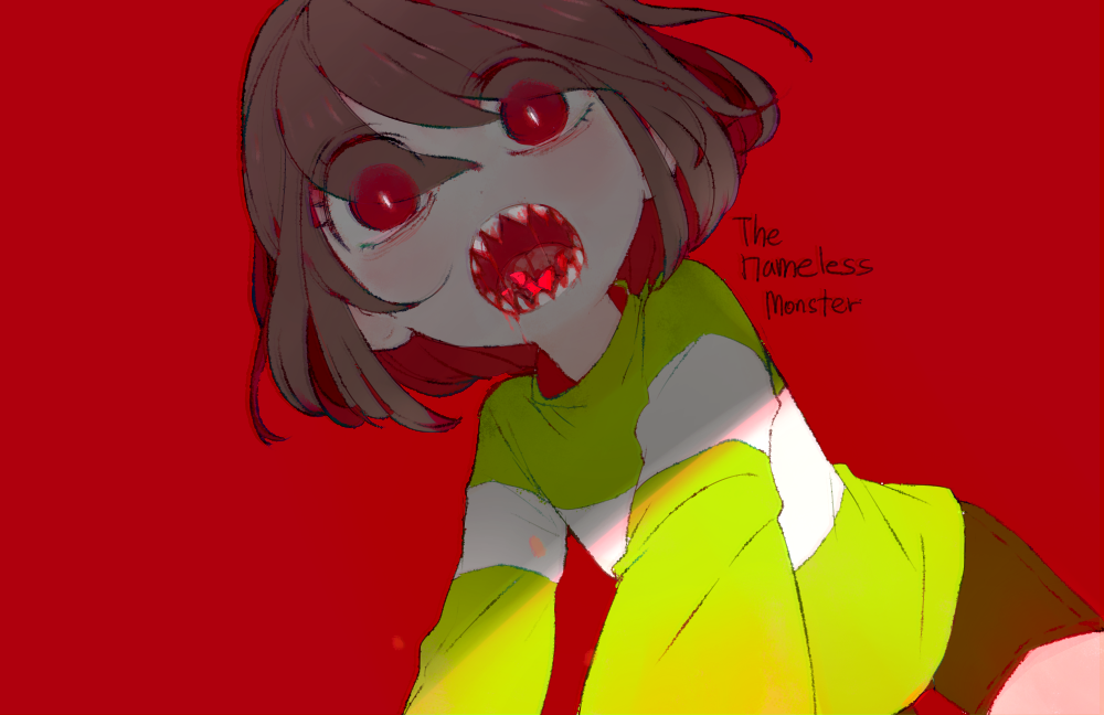 1girl bangs blood brown_hair brown_shorts chara_(undertale) from_below green_shirt long_sleeves looking_at_viewer looking_down open_mouth red_background red_eyes sharp_teeth shirt short_hair shorts simple_background soseji_(tjduswjd) striped striped_shirt teeth undertale
