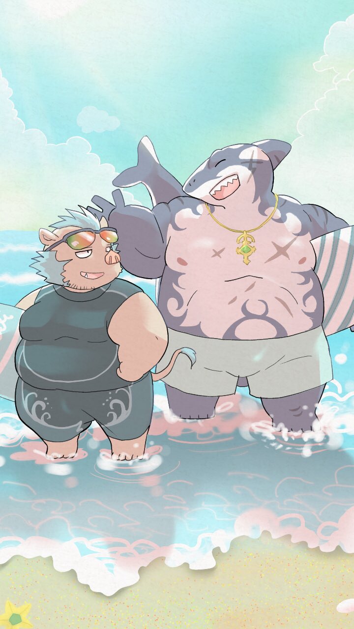 anthro belly blue_hair brown_body brown_fur clothing duo eyewear fish fur gouryou hair hi_res lifewonders male mammal marine musclegut nipples overweight rorondo4 shark smile suid suina sunglasses sus_(pig) swimwear tokyo_afterschool_summoners typhon video_games wetsuit wild_boar