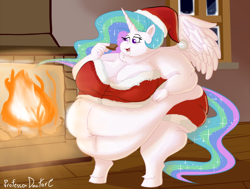 2017 5_fingers anthro anthrofied belly big_belly breasts christmas christmas_clothing christmas_headwear chubby_cheeks clothing cookie digital_media_(artwork) eating equid equine feathered_wings feathers female fingers fireplace food friendship_is_magic hair hasbro hat headgear headwear holding_food holding_object holidays hooves horn inside mammal morbidly_obese morbidly_obese_anthro morbidly_obese_female multicolored_hair multicolored_tail my_little_pony navel obese obese_anthro obese_female overweight overweight_anthro overweight_female princess_celestia_(mlp) professordoctorc purple_eyes santa_hat signature standing white_body white_feathers winged_unicorn wings