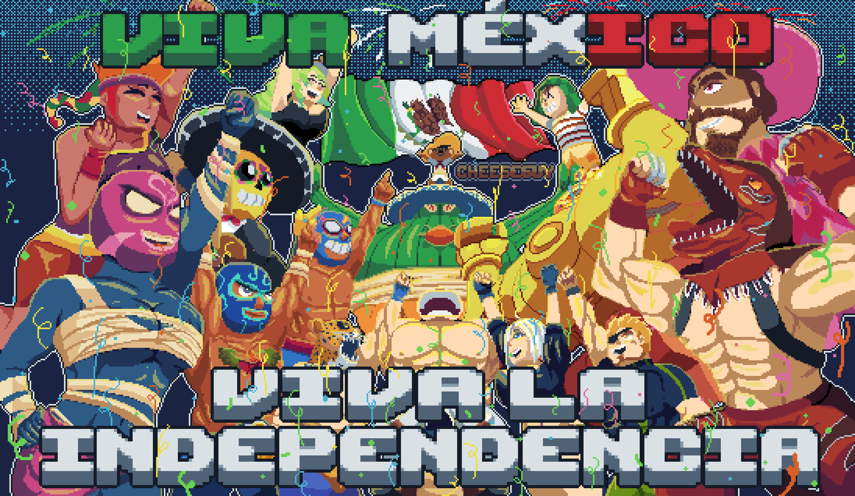 amingo angel_(kof) animal_head aztec bra breasts cactus chaoscut charro cormano_wild cropped_jacket dia_de_muertos dinosaur_boy dinosaur_costume el_chavo_del_ocho fingerless_gloves gloves guacamelee! hair_over_one_eye hat highres jacket jaguar jaguar_boy juan_(guacamelee) king_(tekken) king_of_dinosaurs large_breasts leather leather_jacket luchador lucoa_(maidragon) mariachi mexican_flag mexico phobos_(vampire) pixel_art poncho ramon_(kof) robot snk sombrero spanish_text speedy_gonzales strapless strapless_bra tekken the_king_of_fighters the_king_of_fighters_xiv tiger_mask tostada underwear vampire_(game) video_game wrestler wrestling_mask