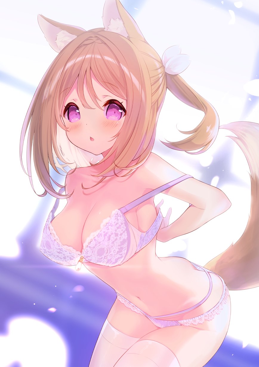 1girl animal_ear_fluff animal_ears bangs bare_shoulders blurry blurry_background blush bra breasts brown_hair character_request chestnut_mouth cleavage collarbone depth_of_field hair_between_eyes hair_ribbon highres large_breasts leaning_forward looking_at_viewer mofu-mofu_after_school mofumofu_channel navel p19 panties parted_lips ponytail purple_bra purple_panties ribbon sidelocks solo tail thighhighs underwear undressing white_ribbon white_thighhighs