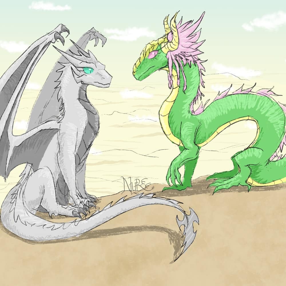 asian_mythology blue_eyes claws cloud curious desert dragon duo east_asian_mythology eastern_dragon eyelashes fangs female feral green_body grey_body hair horn looking_each_other mythology naya_(nuree_art) nuree_art pink_eyes pink_hair reevah_(nuree_art) scalie scenery shy silver_body simple_background sky spikes western_dragon white_body wings yellow_body yellow_horn