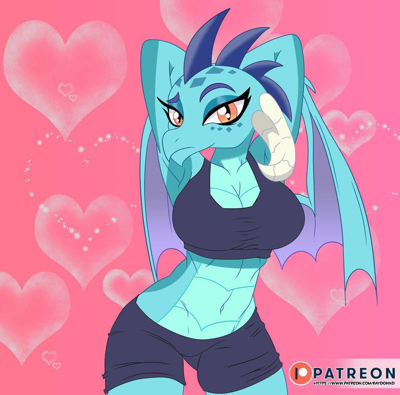 2019 anthro athletic athletic_anthro athletic_female blue_body blue_scales bottomwear bra breasts cleavage clothed clothing collarbone curved_horn digital_media_(artwork) dragon eyebrows female friendship_is_magic gym_bottomwear gym_clothing gym_shorts hands_behind_head hasbro horn midriff my_little_pony navel non-mammal_breasts patreon pink_background princess_ember_(mlp) pupils raydonxd scales scalie shorts simple_background slit_pupils spikes sports_bra underwear western_dragon wings