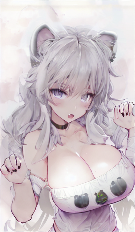 1girl :d animal_ears bare_shoulders black_choker black_nails blush breasts choker cleavage collarbone fang grey_hair hololive large_breasts lion_ears long_hair looking_at_viewer nail_polish open_mouth paw_pose purple_eyes shirt shishiro_botan skin_fang smile solo tranquillianusmajor upper_body white_shirt