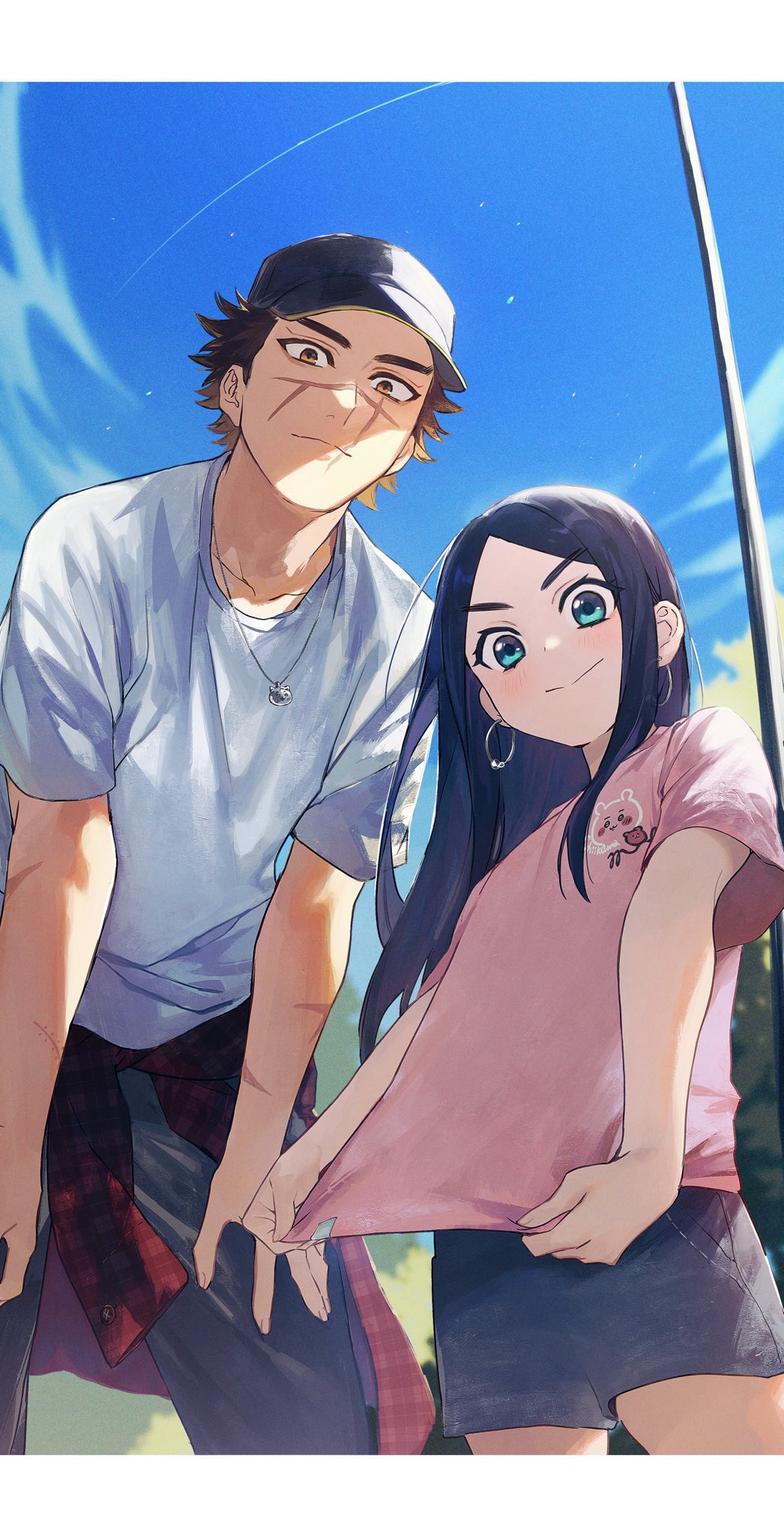1boy 1girl alternate_costume asirpa bangs black_shorts blue_hair blue_shirt blue_sky blush brown_eyes brown_hair closed_mouth clothes_around_waist cloud cloudy_sky collarbone commentary_request contemporary dark_blue_hair day denim denim_shorts earrings fingernails framed golden_kamuy green_eyes grey_pants hat height_difference highres hoop_earrings jacket jacket_around_waist jewelry long_hair looking_at_viewer multiple_scars outdoors oziozi_kamuy pants parted_bangs pendant pink_shirt scar scar_on_arm scar_on_cheek scar_on_face scar_on_mouth scar_on_nose shaded_face shirt short_hair short_sleeves shorts sky smile standing sugimoto_saichi sun t-shirt
