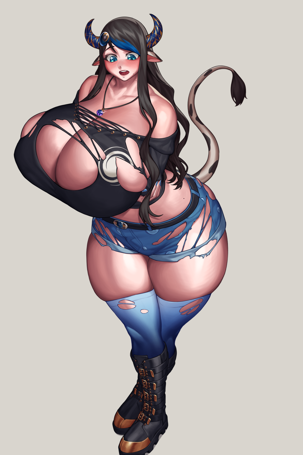 2022 2:3 animal_humanoid arms_under_breasts belt big_breasts black_hair blue_eyes blush boots bovid bovid_humanoid bovine bovine_humanoid breast_expansion breasts butt butt_expansion cattle_humanoid cinko clothing expansion female footwear grey_background hair hi_res horn horned_humanoid huge_breasts humanoid jewelry looking_at_own_breasts looking_at_self mammal mammal_humanoid necklace open_mouth simple_background solo squish standing tail_tuft thigh_squish torn_clothing tuft