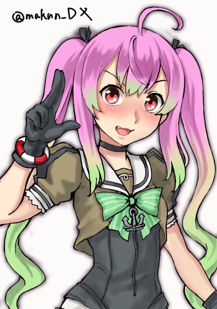 1girl ahoge black_choker black_gloves bow choker fang gloves gradient_hair green_bow green_hair grey_sailor_collar highres kantai_collection long_hair looking_at_viewer makun_dx momo_(kancolle) multicolored_hair one-hour_drawing_challenge pink_hair red_eyes sailor_collar sailor_shirt school_uniform serafuku shirt simple_background solo twintails twitter_username upper_body white_background zipper_pull_tab