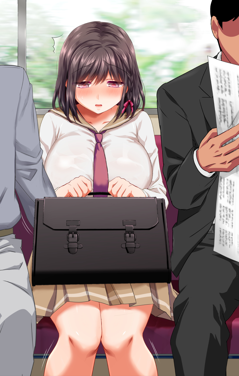 1girl 2boys ^^^ aneshiko bag bangs blush braid breasts brown_hair brown_sailor_collar brown_skirt chikan clenched_hands collarbone commentary_request hair_ribbon half-closed_eyes hetero highres holding holding_bag indoors knees_together_feet_apart large_breasts long_sleeves looking_down miniskirt multiple_boys necktie open_mouth original pink_eyes pink_ribbon pleated_skirt red_necktie ribbon sailor_collar school_bag school_briefcase school_uniform seat serafuku shiny shiny_clothes shiny_hair shirt short_hair sidelocks single_braid sitting skirt solo_focus straight-on sweat train_interior white_shirt window