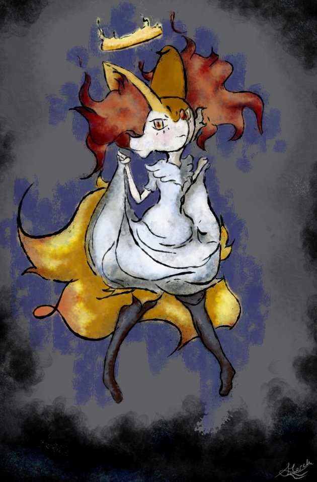 anthro black_body black_fur blush braixen breasts claws clothing female fluffy fluffy_ear fluffy_tail fur generation_6_pokemon halfbaked-hope halo inner_ear_fluff looking_at_viewer markings multicolored_body multicolored_fur multicolored_tail nintendo paws pokemon pokemon_(species) red_body red_eyes red_fur red_tail signature smile solo tail_markings tuft two_tone_body two_tone_fur two_tone_tail video_games white_body white_clothing white_fur yellow_body yellow_fur yellow_tail
