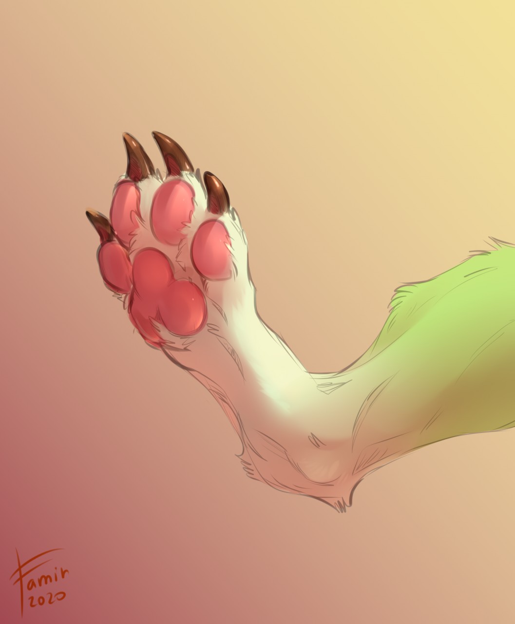 2020 ambiguous_form ambiguous_gender ambiguous_species brown_claws claws colored_sketch dated faceless_ambiguous faceless_character famir_(artist) famir_(character) foot_shot foot_tuft fur glistening glistening_claws green_body green_fur hi_res leg_markings leg_tuft markings pawpads paws pink_pawpads signature simple_background sketch socks_(marking) tuft white_body white_fur