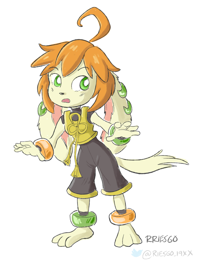 anthro bracelet canid canine canis clothing domestic_dog female freedom_planet green_eyes hair jewelry long_ears mammal milla_basset orange_hair rriesgo short_pants solo topwear vest video_games yellow_clothing yellow_topwear yellow_vest
