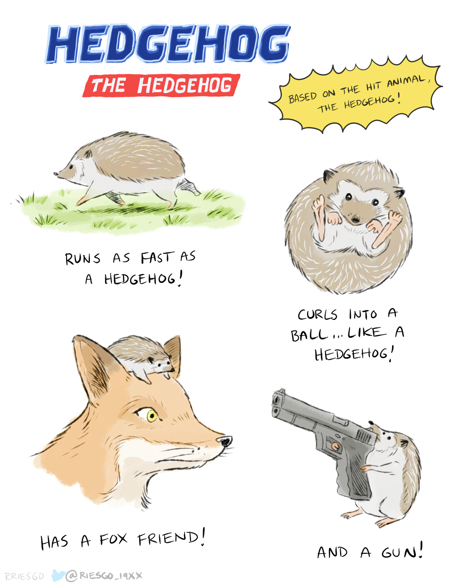 brown_body brown_fur canid canine curled duo eulipotyphlan feral fox fur gun hedgehog hi_res humor male mammal orange_body orange_fur parody ranged_weapon realistic_feral riding rriesgo running weapon yellow_eyes