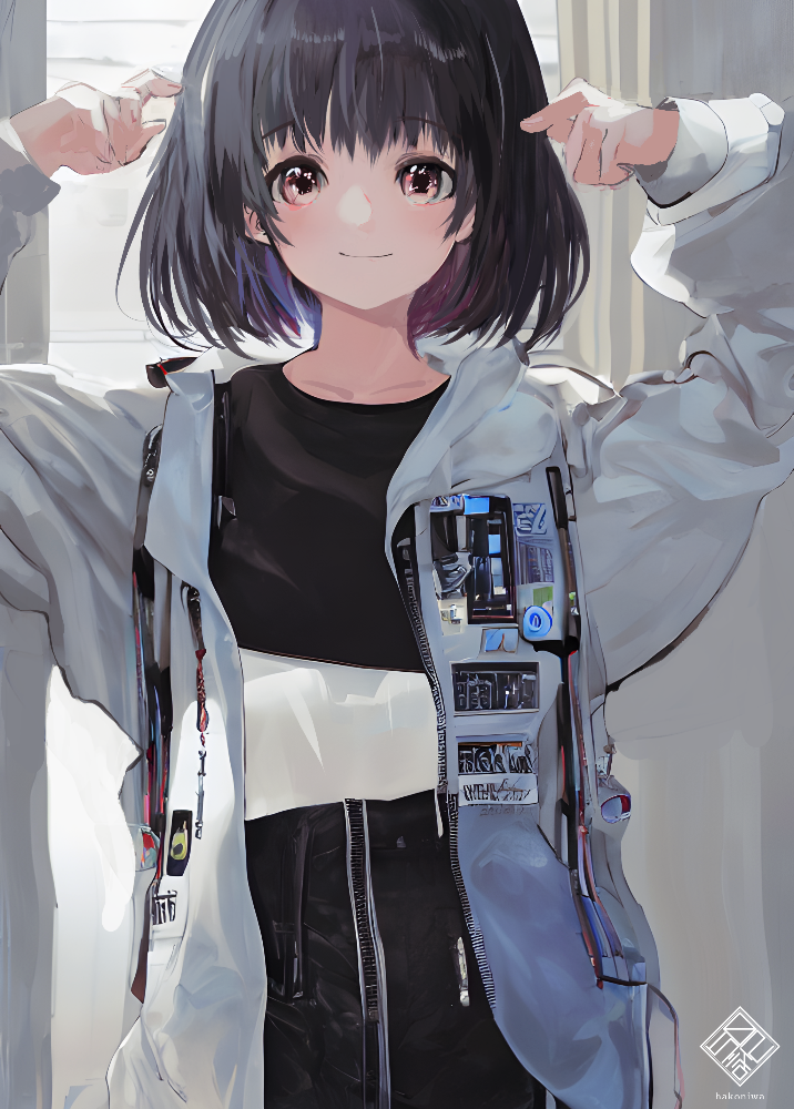 1girl arms_up bangs black_hair black_shirt closed_mouth commentary_request hood hood_down hoodie looking_at_viewer medium_hair meola open_clothes open_hoodie original red_eyes shirt smile solo standing upper_body white_hoodie