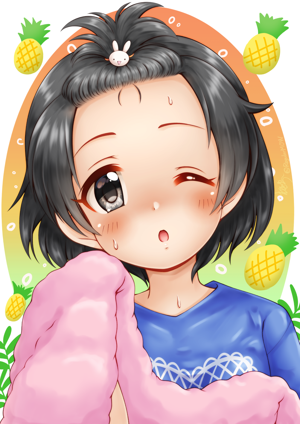 1girl ;o blue_shirt blush breasts bunny_hair_ornament commentary_request food forehead fruit hair_ornament head_tilt highres holding holding_towel idolmaster idolmaster_cinderella_girls looking_at_viewer one_eye_closed parted_lips pineapple regular_mow sasaki_chie shirt short_hair signature small_breasts solo sweat towel twitter_username upper_body