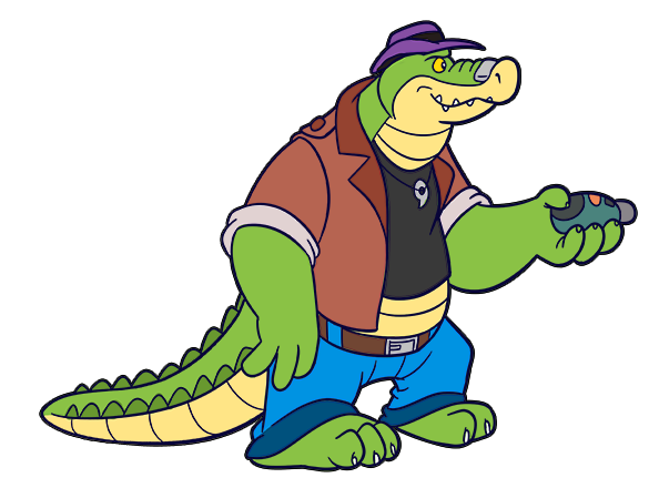 3_toes 4_fingers alligator alligatorid alpha_channel anthro biped bottomwear brok_(character) brok_the_investigator clothing cowcatgames crocodilian feet fingers green_body hat headgear headwear humanoid_hands male official_art pants reptile scalie shirt simple_background slightly_chubby solo toes topwear transparent_background video_games