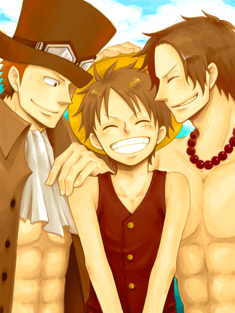 abs ariha brown_hair closed_eyes freckles goggles goggles_on_head grin happy hat jewelry male_focus monkey_d_luffy multiple_boys necklace one_piece portgas_d_ace sabo_(one_piece) scar shirtless smile straw_hat what_if