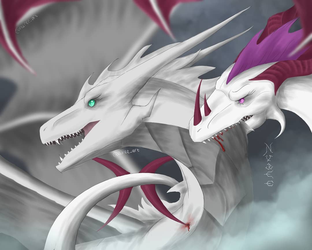 bite blue_eyes dragon duo eyelashes fangs female feral grey_body hair horn looking_at_another marchy_(nuree_art) nuree_art panicking poison purple_hair reevah_(nuree_art) scalie silver_body simple_background spikes stab western_dragon white_body wings