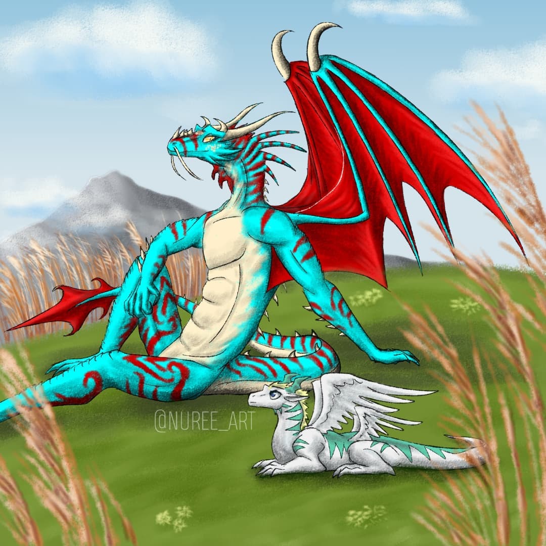 aetherioux_(nuree_art) anthro biceps blue_body child claws cloud detailed_background dragon duo fangs feral grass horn leaf looking_at_another male membrane_(anatomy) mountain muscular muscular_male nature nuree_art outside plant red_body red_membrane scalie size_difference sky smile spikes tan_body terrachyan_(nuree_art) western_dragon wings young