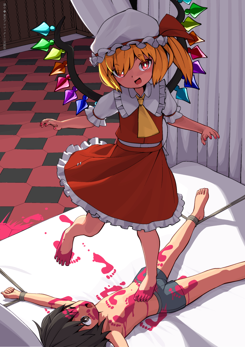 1boy 1girl ascot bdsm bed black_eyes black_hair bondage bound boxer_briefs dress eyes_visible_through_hair flandre_scarlet hat huxiao_(mistlakefront) male_child male_underwear mob_cap one_eye_closed one_side_up paint pink_nails red_dress touhou underwear underwear_only wings yellow_ascot