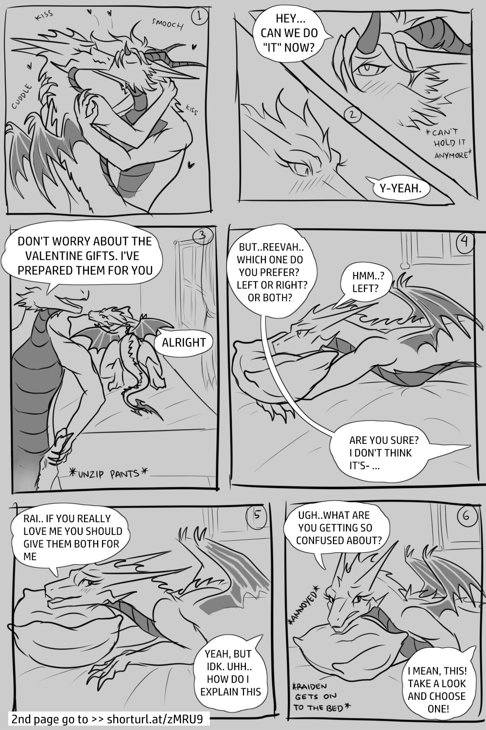 annoyed anthro asian_mythology bed claws comic cuddling dragon duo east_asian_mythology eastern_dragon fangs female foreplay furniture hi_res horn horny kissing line_art male male/female mythology nuree_art question raiden_(nuree_art) reevah_(nuree_art) scalie sketch spikes unzipped unzipped_pants western_dragon wings