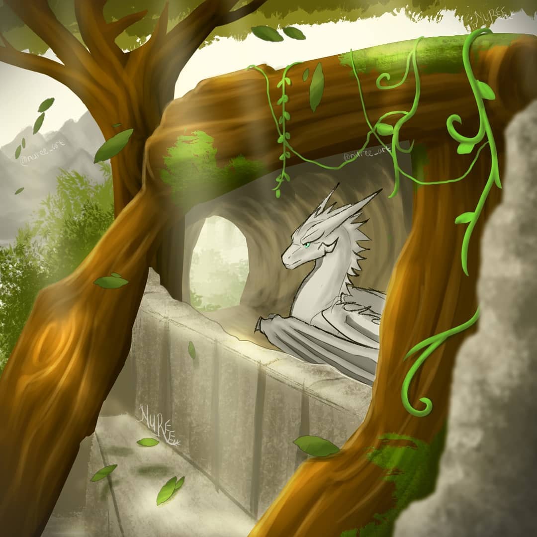 blue_eyes detailed_background dragon eyelashes fangs female feral forest grass grey_body horn lair leaf looking_at_another mountain nature nuree_art outside plant reevah_(nuree_art) relaxing rock scalie silver_body solo spikes tree western_dragon white_body wings wood
