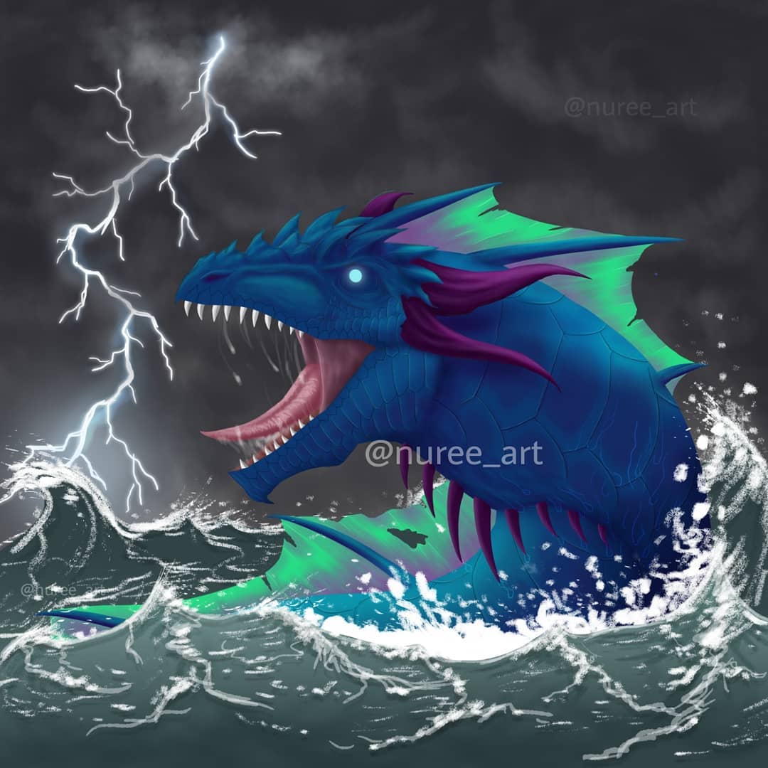 aquatic_dragon blue_body detailed_background dragon fangs feral horn lightning looking_at_another male marine nuree_art open_mouth scalie sea solo spikes storm tongue water western_dragon