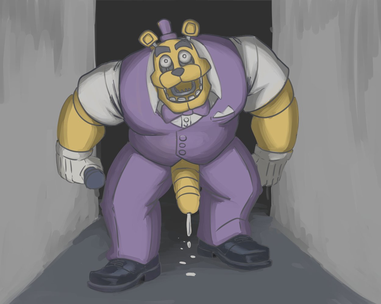 2022 animatronic anthro bodily_fluids bottomwear bow_tie clothed clothing creepy digital_media_(artwork) dripping eyebrows five_nights_at_freddy's footwear fredbear_(fnaf) fully_clothed genital_fluids genitals gloves handwear hat headgear headwear holding_microphone holding_object humanoid_genitalia humanoid_penis leafghost looking_at_viewer machine male mammal microphone open_mouth pants penis penis_through_fly poking_out precum precum_drip precum_on_ground robot scary scottgames shirt shoes solo topwear ursid vest video_games